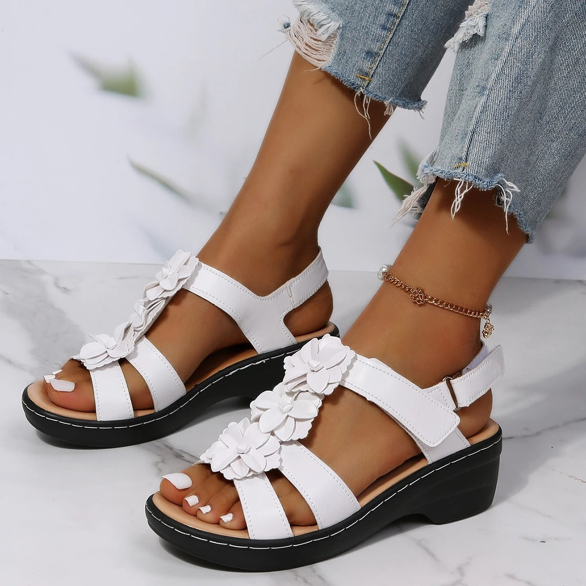 PEMA™ | Orthopedische Leren Bloemen Sandalen