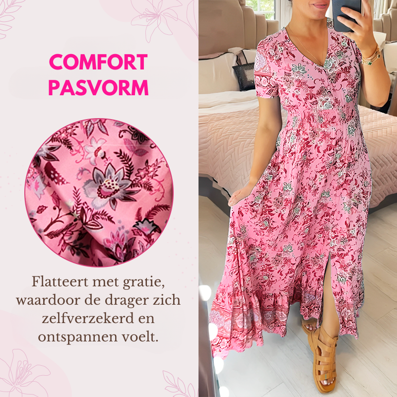 HERJA™ | Gebloemde Casual Print V-hals Gerimpelde Taille Lange Jurk