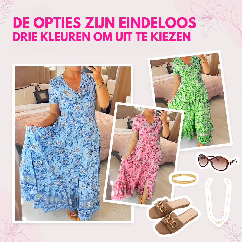 HERJA™ | Gebloemde Casual Print V-hals Gerimpelde Taille Lange Jurk