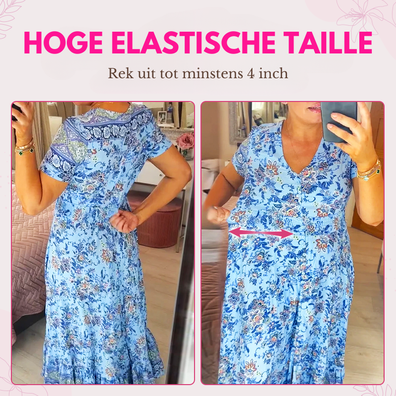 HERJA™ | Gebloemde Casual Print V-hals Gerimpelde Taille Lange Jurk